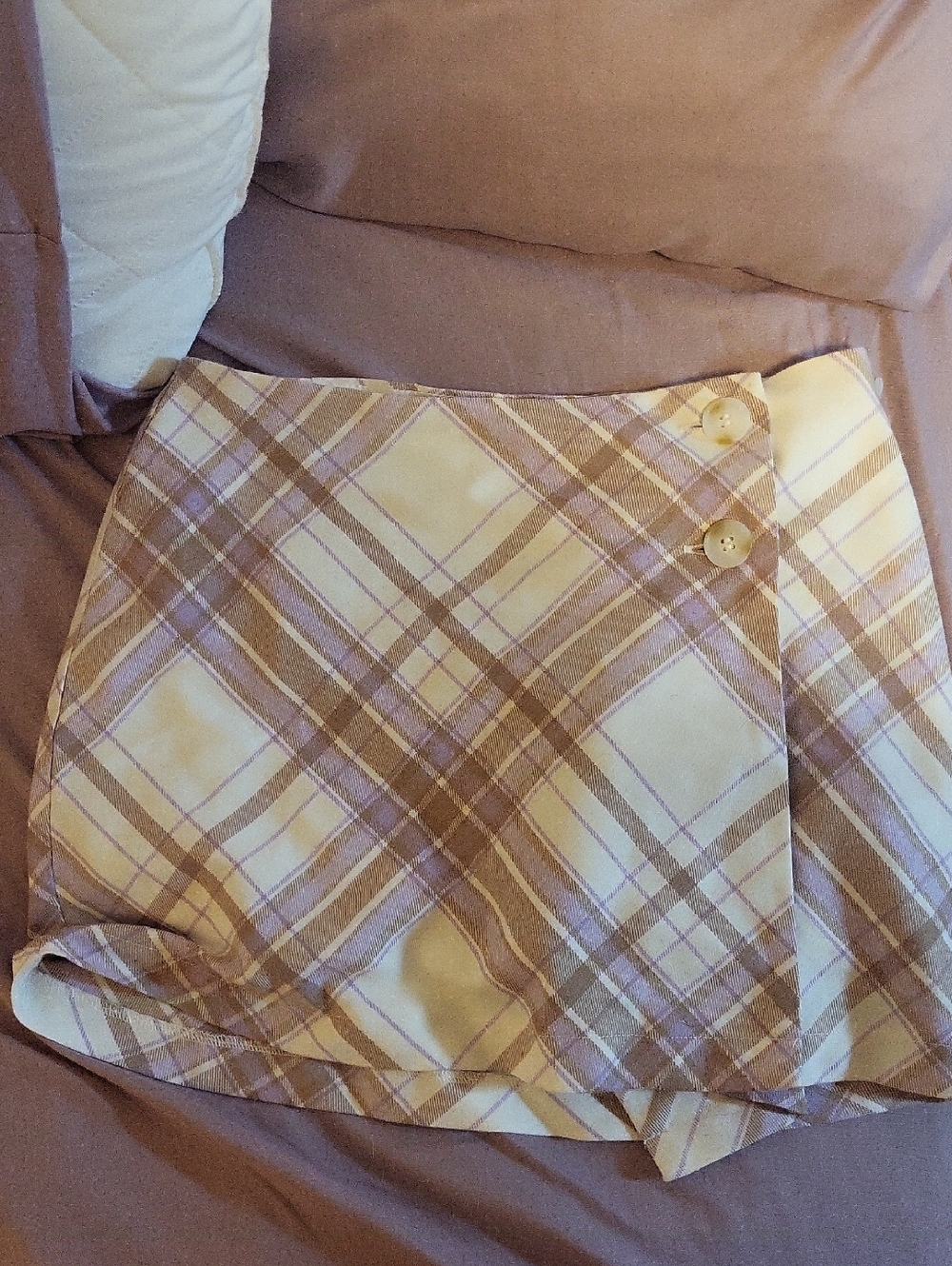 Aeropostale Cream and Brown Plaid Mini Skirt with Side Buttons
